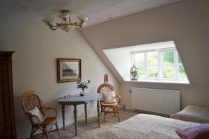 克内贝尔Fuglsø Kro Bed & Breakfast的一间卧室配有桌椅和窗户。