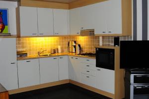 Heeswijk-DintherHerkenhoek 3 bedroom apartement的厨房配有白色橱柜和微波炉