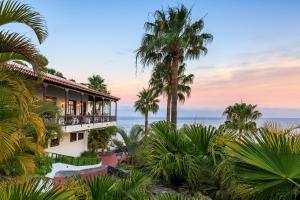 圣地亚哥海滩特辛纳花园酒店的一座棕榈树和海洋背景的建筑