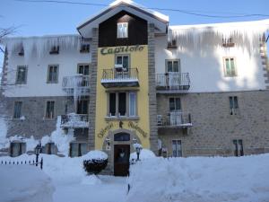 塞斯托拉Albergo Capriolo的雪上标有标志的建筑