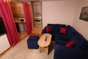 特拉夫尼克Apartment Vremeplov的客厅配有蓝色的沙发和桌子