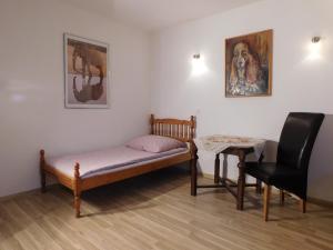 Biały ŁugAgroturystyka pod Czarną Sosną的客房设有一张床、一张桌子和一把椅子。