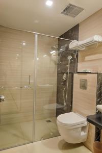哥印拜陀Holiday Residency Coimbatore的一间带卫生间和玻璃淋浴间的浴室