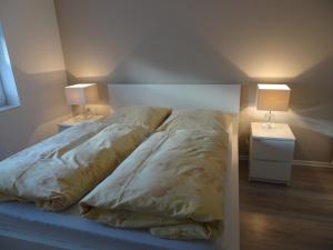 代德斯海姆Apartment am Weinberg的一张位于房间的床,桌子上放着两盏灯