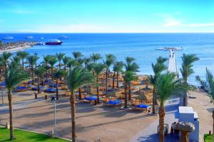 赫尔格达Pickalbatros Palace - Aqua Park Hurghada的享有棕榈树海滩和大海的景色