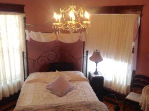 坎贝尔顿麦肯泽住宿加早餐旅馆的一间卧室配有一张带吊灯和窗户的床。