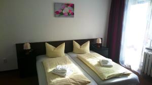 Zwota佐塔塔尔菲林酒店的酒店客房,配有两张带毛巾的床