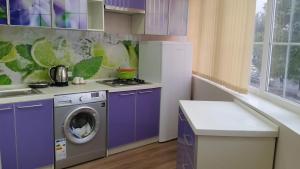 苦盏Apart Hotel 12的厨房配有紫色橱柜和洗衣机
