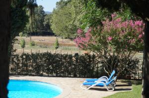 San Antonio de VilamajorHotel Can Ribalta的游泳池旁的一对蓝色椅子