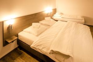 伏尔塔瓦河畔利普诺Residence Lipno的配有白色床单的酒店客房内的两张床