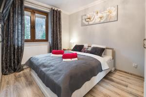 扎科帕内Apartamenty Szkolna Zakopane的一间卧室配有一张带红色枕头的床