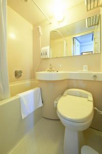 八户市八户中央优选酒店 的一间带卫生间、水槽和镜子的浴室