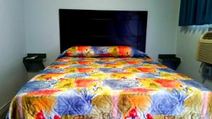 洛杉矶彗星汽车旅馆的卧室内一张带五颜六色棉被的床