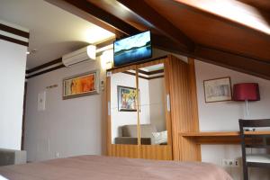 阿尔卡拉德荷那利斯胡安一世公寓酒店的卧室配有一张床,墙上配有电视。