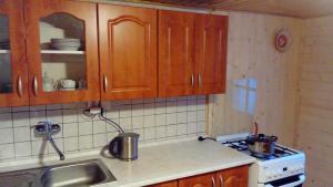 Liptovský OndrejChalupa u Porubäna的一个带木制橱柜和水槽的厨房