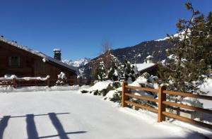 韦尔比耶Verbier Medran apartment的雪覆盖的院子,围栏和房子