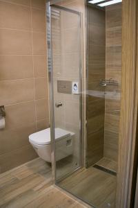 克沃兹科Hotel Korona的一间带卫生间和玻璃淋浴间的浴室