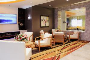 勒杜克埃德蒙顿机场温德姆花园酒店的一间设有白色椅子和平面电视的等候室