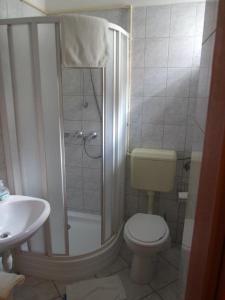 佩奇戴安娜酒店的带淋浴、卫生间和盥洗盆的浴室
