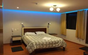 胡利亚卡套房之家酒店的一间卧室配有一张床和蓝色的灯光