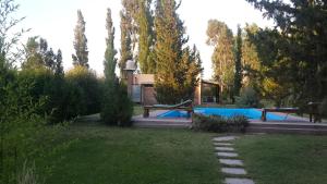 圣拉斐尔Cabañas Aike的一个带游泳池和房子的庭院