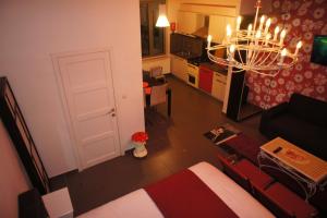 布鲁塞尔J和R布鲁塞尔市公寓的一间带一张床和吊灯的客厅