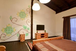 PavlohradHotel Skrinya的一间卧室配有一张床,墙上配有电视