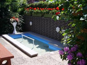 蒂门多弗施特兰德克拉拉公寓式酒店的砖墙上带花瓶和鲜花的游泳池