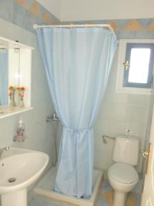 梅加斯·亚洛斯-奈特斯马诺斯公寓酒店的浴室配有蓝色的浴帘和卫生间