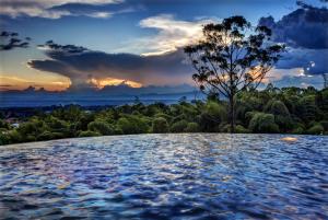亚美尼亚Hotel Hacienda Combia的一座有树的游泳池,背面是日落