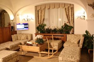 科尔蒂纳丹佩佐特里雅特酒店的客厅配有两张沙发和一台电视机