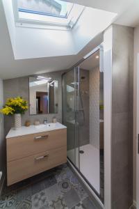 南希Appartement 9 Place d'Alliance的带淋浴、盥洗盆和镜子的浴室