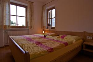 拉布拉Biohof Niedereben的一间卧室配有一张带毯子的床和两个窗户