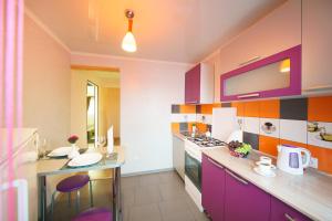 博布鲁伊斯克PaulMarie Apartments on Oktyabrskaya的厨房配有紫色橱柜和炉灶烤箱