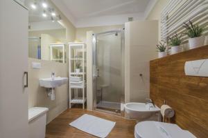 克拉科夫7科龙独家公寓的带淋浴、卫生间和盥洗盆的浴室