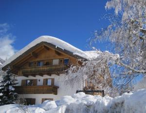 圣坎迪朵Appartements Johann Bachmann的山前雪覆盖的房子