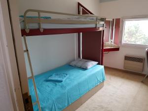 Saint-Pierre-de-ChandieuHôtel Holiday Lyon Est的一间卧室配有一张双层床和蓝色床罩