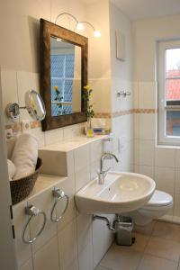 Fockbek兰德豪斯吉奥尼酒店的一间带水槽、镜子和卫生间的浴室