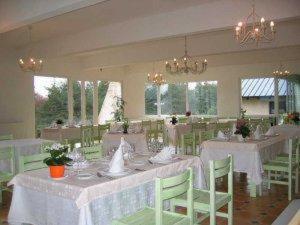 克拉威尔-德蒙塔根雷莱德科拉维耶酒店的用餐室配有白色的桌子和绿色的椅子