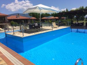 Graviá凯迪玛凯乐特斯塔公寓式酒店的蓝色游泳池配有遮阳伞和椅子