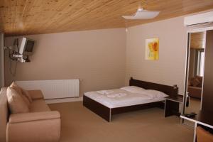 赫鲁迪姆尤拉维卡咖啡吧餐厅旅馆的一间卧室配有一张床、一张沙发和一台电视。