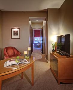 纽约图书馆酒店集团长颈鹿酒店 的一间带电视和桌子的客厅