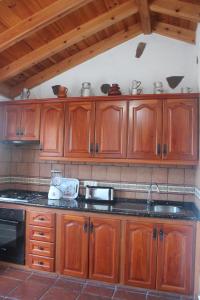 埃尔米瓜Casa La Bodega的一个带木制橱柜和水槽的厨房