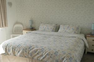 莱姆里吉斯Nettle Bank的一间卧室配有一张带蓝色和白色棉被的床