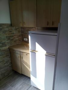 坎普码头Appartamento Scirocco的厨房配有白色冰箱和木制橱柜。