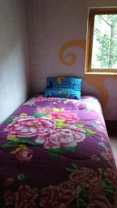 YanamaHospedaje Illariy的一张床上,上面有鲜花,上面有紫色毯子