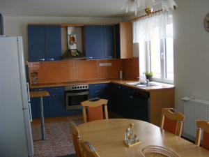 卡什佩尔斯凯霍里尤费赛璐度假屋的厨房配有蓝色橱柜和木桌