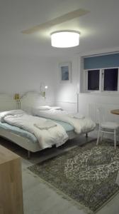 哥本哈根哥本哈根皇家住宿酒店的一间白色卧室,配有两张床和地毯