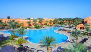 赫尔格达贾兹马卡迪绿洲度假酒店的享有棕榈树度假村泳池的顶部景致