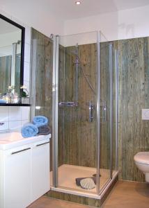 特希尔加尔尼兰德豪斯乌图姆酒店的带淋浴和盥洗盆的浴室
